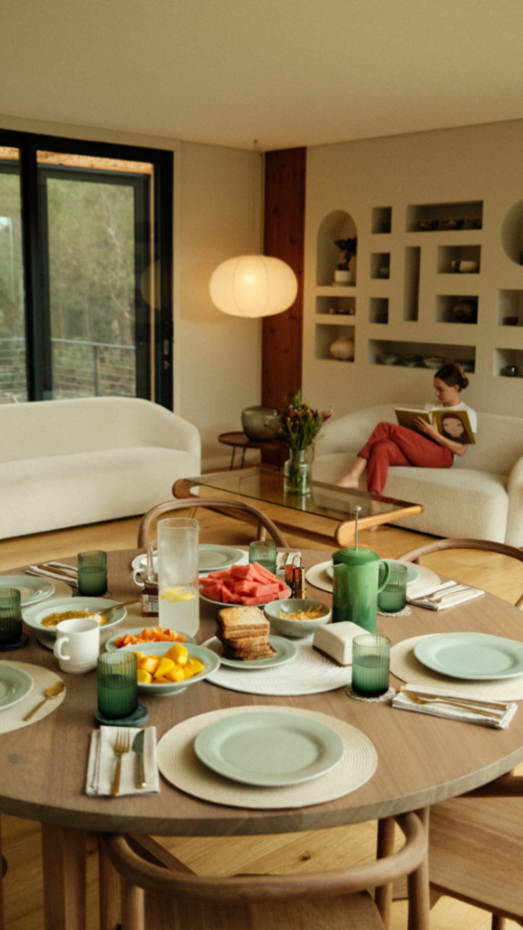 Breakfast setting staged inside the living room