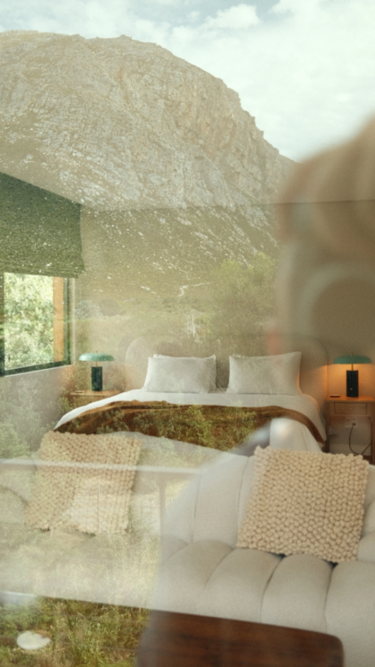 Reflected mountain view over the bedroom